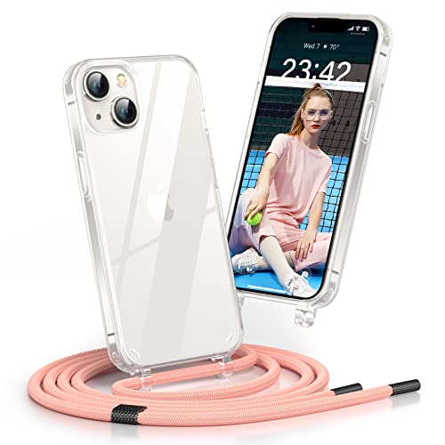 Poslocu Handykette iPhone 12/iPhone 12 Pro Hülle mit Band | Handyhülle mit Kette zum Umhängen | Hülle Transparent mit Metall Verschlüsse | Schutzhülle Necklace Case mit Einstellbar Kordel - Rosa von Poslocu