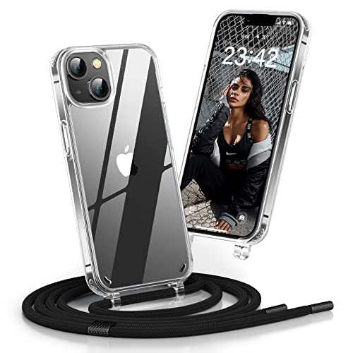 Poslocu Handykette iPhone 13/14 Hülle mit Band | Handyhülle mit Kette zum Umhängen | Hülle Transparent mit Metall Verschlüsse | Necklace Case Schutzhülle mit Einstellbar Kordel Stark - Schwarz von Poslocu