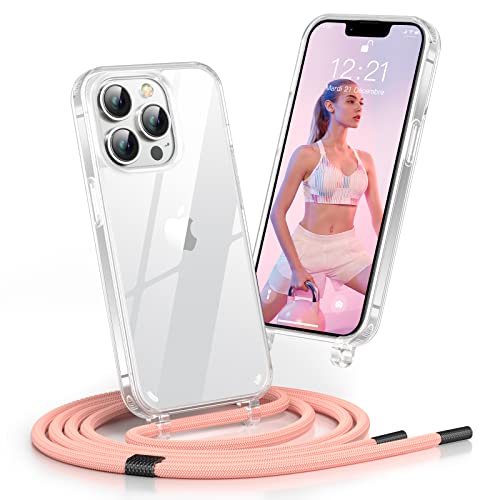 Poslocu Handykette iPhone 13 Pro Hülle mit Band | Handyhülle mit Kette zum Umhängen | Hülle Transparent mit Metall Verschlüsse | Schutzhülle Necklace Case mit Einstellbar Kordel Stark - Rosa von Poslocu