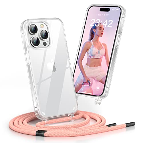 Poslocu Handykette iPhone 14 Pro Hülle mit Band | Handyhülle mit Kette zum Umhängen | Hülle Transparent mit Metall Verschlüsse | Schutzhülle Necklace Case mit Einstellbar Kordel Stark - Rosa von Poslocu