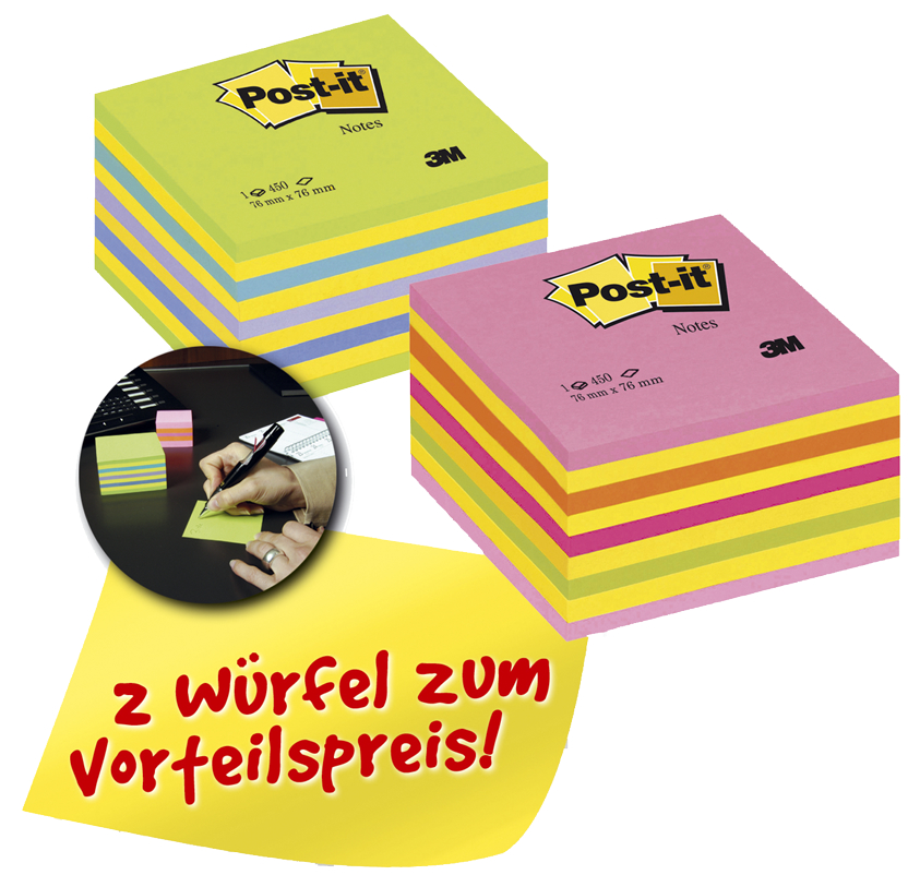 Post-it Haftnotiz-Würfel, 76 x 76 mm, Vorteilspack, sortiert von Post-It