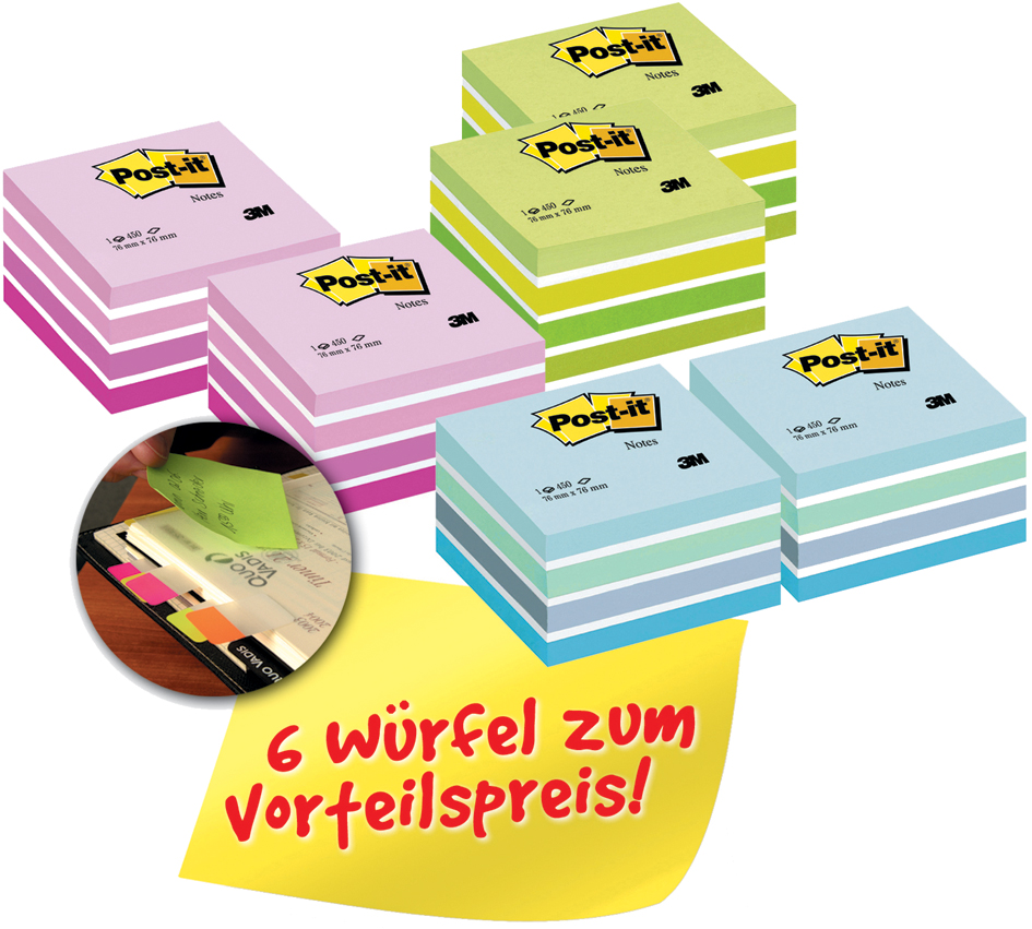 Post-it Haftnotiz-Würfel, 76 x 76 mm, Vorteilspack, sortiert von Post-It