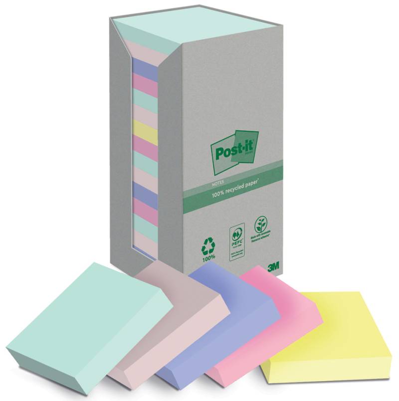 Post-it Haftnotizen Recycling Notes, 76 mm x 76 mm, farbig von Post-It