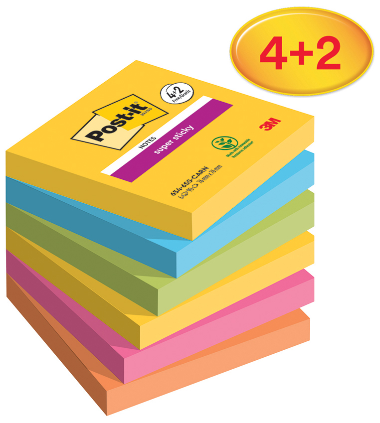 Post-it Haftnotizen Super Sticky Notes, 76 x 76 mm, 4+2 von Post-It