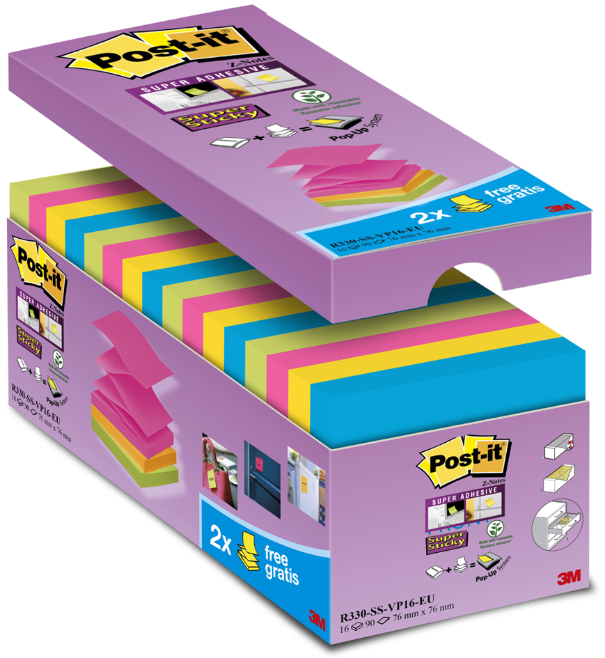 Post-it Haftnotizen Super Sticky Z-Notes, 76 x 76 mm, farbig von Post-It