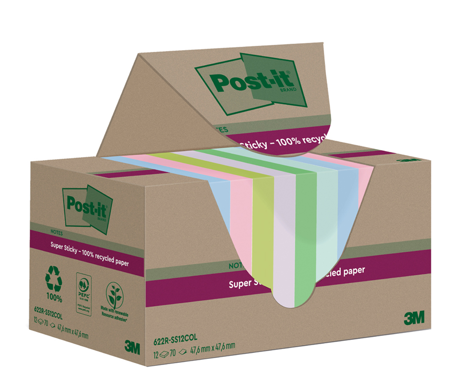 Post-it Super Sticky Recycling Notes, 47,6 x 47,6 mm, farbig von Post-It