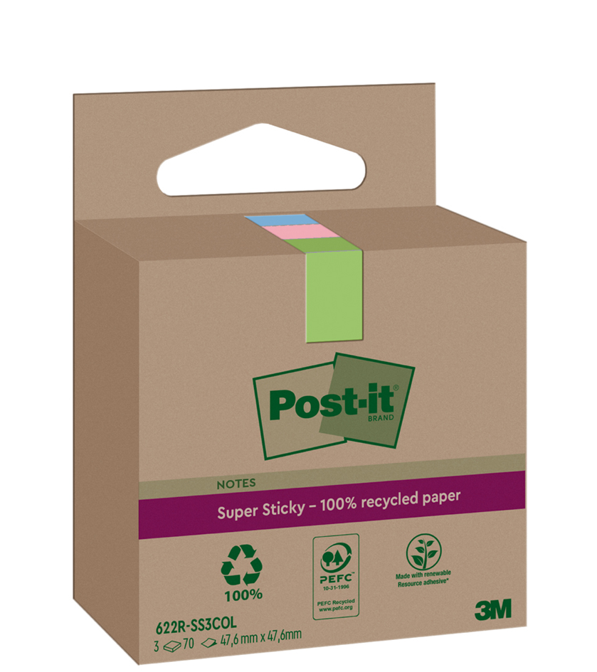 Post-it Super Sticky Recycling Notes, 47,6 x 47,6 mm, farbig von Post-It