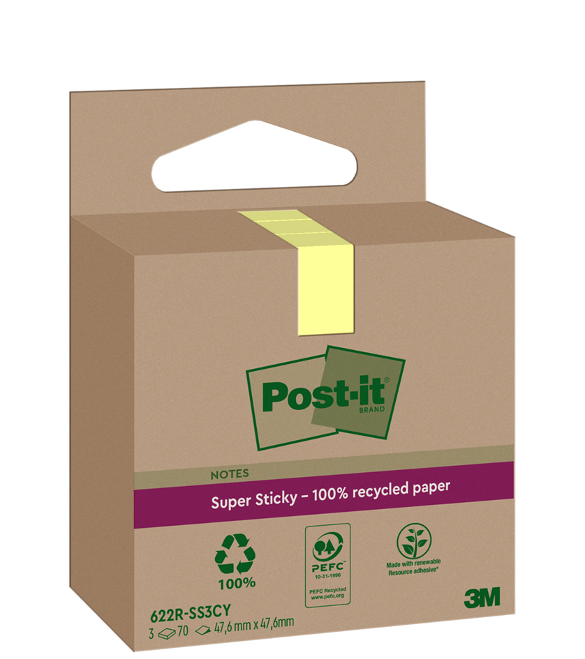 Post-it Super Sticky Recycling Notes, 47,6 x 47,6 mm, gelb von Post-It