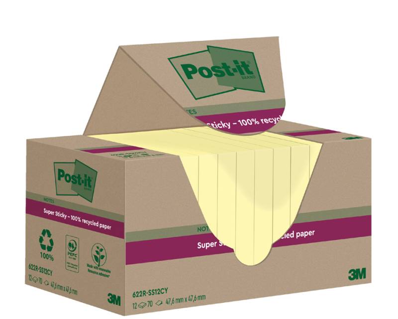 Post-it Super Sticky Recycling Notes, 47,6 x 47,6 mm, gelb von Post-It