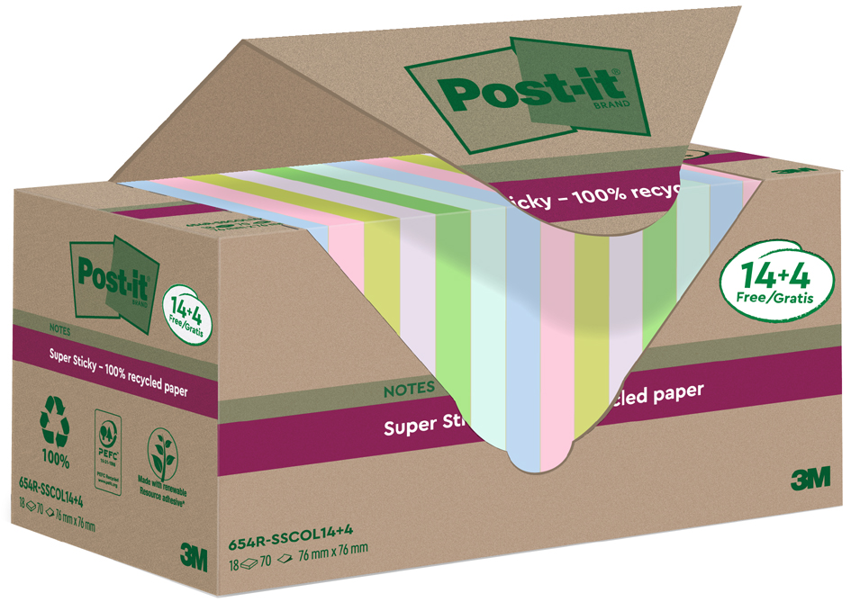 Post-it Super Sticky Recycling Notes, 76 x 76 mm, farbig von Post-It