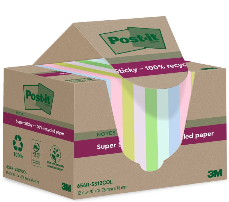 Post-it Super Sticky Recycling Notes, 76 x 76 mm, farbig von Post-It
