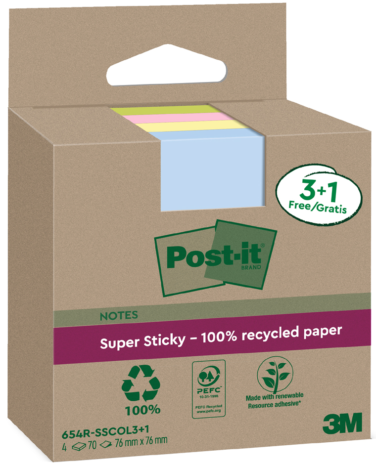 Post-it Super Sticky Recycling Notes, 76 x 76 mm, farbig von Post-It