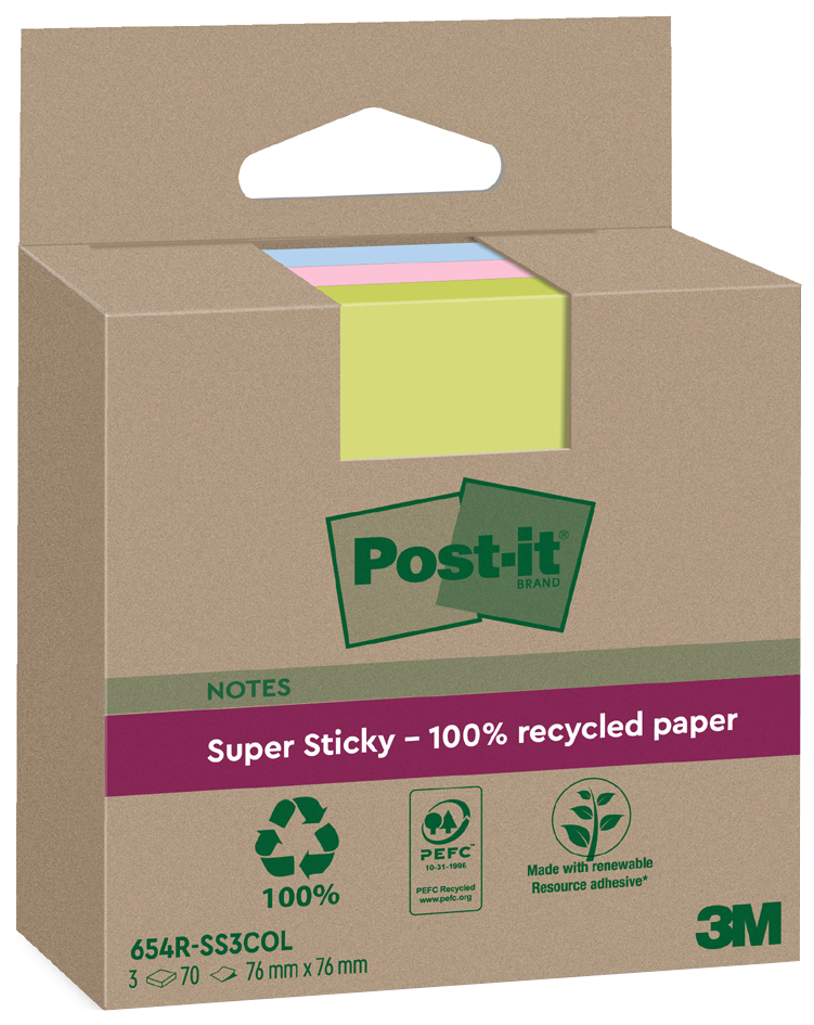 Post-it Super Sticky Recycling Notes, 76 x 76 mm, farbig von Post-It