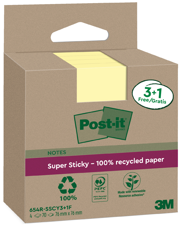 Post-it Super Sticky Recycling Notes, 76 x 76 mm, gelb von Post-It