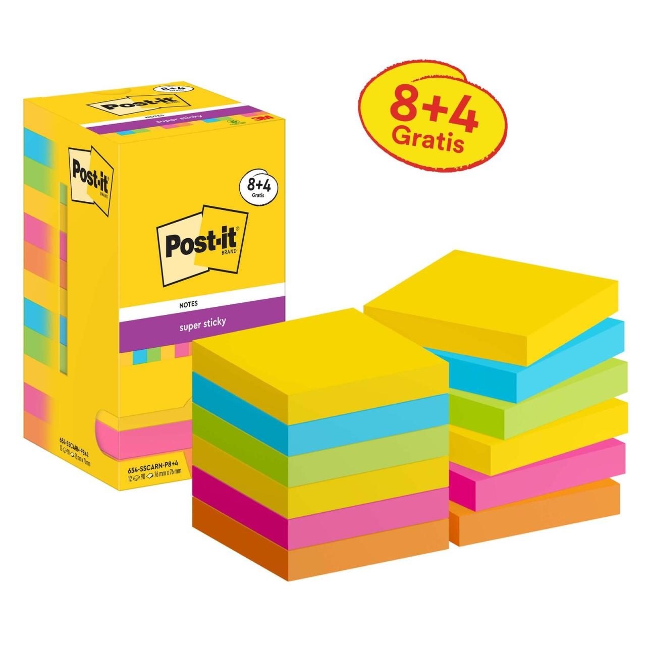Post-it® Carnival Haftnotizen extrastark farbsortiert 8 Blöcke + GRATIS 4 Blöcke von Post-it®