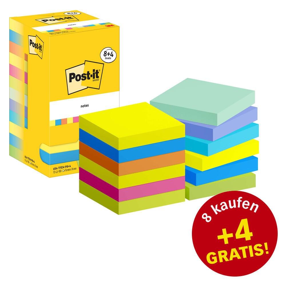 Post-it® Energetic Haftnotizen farbsortiert 8 Blöcke + GRATIS 4 Blöcke von Post-it®