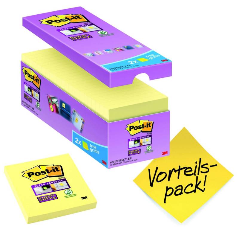 Post-it® Haftnotizen extrastark 654 gelb 14 Blöcke + GRATIS 2 Blöcke von Post-it®