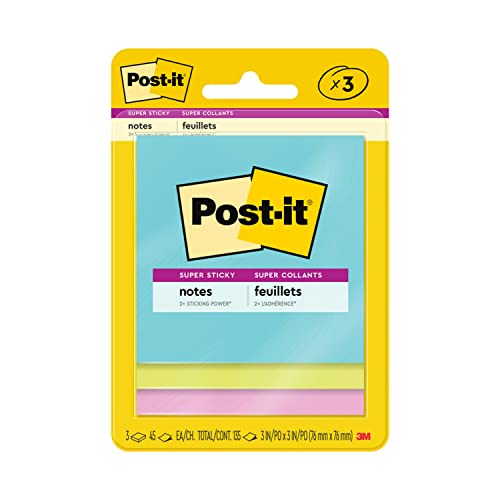 3M Post-it Super Sticky Notes, 3 in. x 3 in., Miami Collection, 3 Pads/Pack, 45 Sheets/Pad BLAU, GRÜN, PINK 45 Blatt Pouch selbstklebend von Post-it