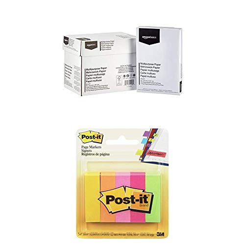 Amazon Basics - Druckerpapier, 5x500 Blatt + Post-it 670-5 Haftstreifen Page Marker schmal, 15 x 50 mm, neonfarben, 5x100 Blatt von Post-it