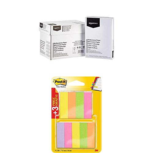 Amazon Basics - Druckerpapier, 5x500 Blatt + Post-it 670-6+3 Haftstreifen Page Marker (schmal, 15 x 50 mm) 9 x 100 Blatt, neonpink/-grün/-gelb/-orange/-violett von Post-it