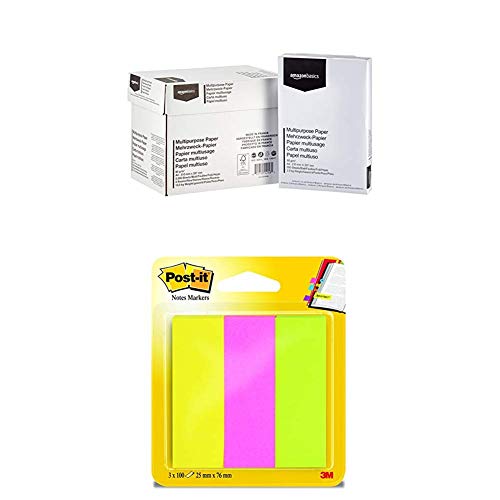 Amazon Basics - Druckerpapier, 5x500 Blatt + Post-it 671-3 Haftstreifen Page Marker breit, 25 x 76 mm, neonfarben, 3x100 Blat von Post-it