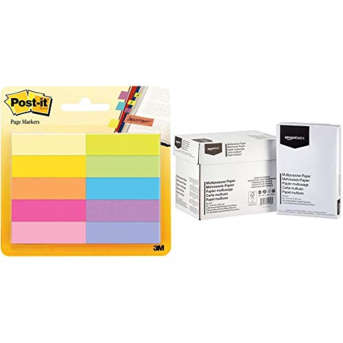 Amazon Basics - Druckerpapier, 5x500 Blatt + Post-it "Page Marker" Haftstreifen aus Papier – Schmale Klebezettel (12,7 x 44,4 mm) 10 farbige Blöcke à 50 Blatt – Klebemarkierungen farblich sortiert von Post-it