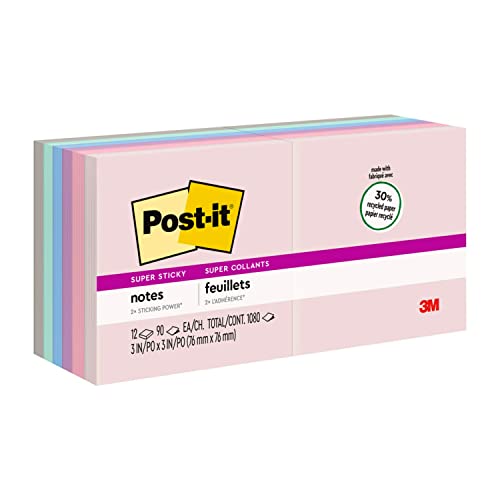Post-It Recycled Super Sticky Notes, 3 in x 3 in, Bali Collection, 12 Pads/Pack 90 Blatt selbstklebende Laminierfolien von Post-it