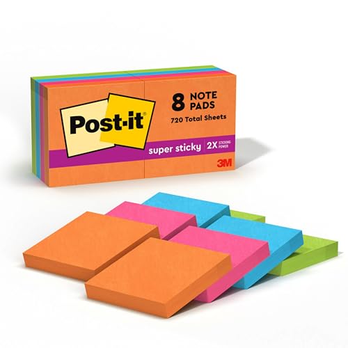 Post-It Super Sticky Notes, 2 in x 2 in, Rio de Janeiro Collection, 8 Pads/Pack selbstklebende Haftnotizen, blau, orange, rosa, gelb 90 Blatt von Post-it