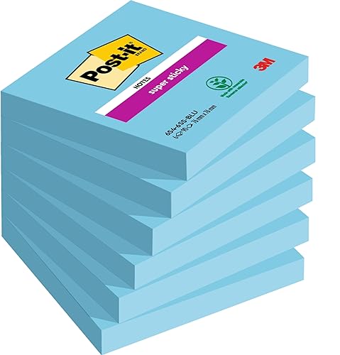 Post-It Super Sticky Notes, Blau, 76 mm x 76 mm, 90 Blatt/Block, 6 Blöcke/Packung von Post-it