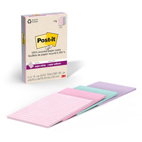 Post-it 100% Recycled Paper Super Sticky Notes, 2X The Sticking Power, 4x6 in, Lined, 4 Pads/Pack, 45 Sheets/Pad, Wanderlust Pastels Collection (4621R-4SSNRP) von Post-it