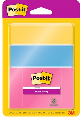 Post-it Super Sticky Notes, Verschiedene Farben und Größen, 3 Blöcke 45 Blatt pro Block - Extra-stark klebende Notizzettel für To-Do-Listen und Erinnerungen von Post-it