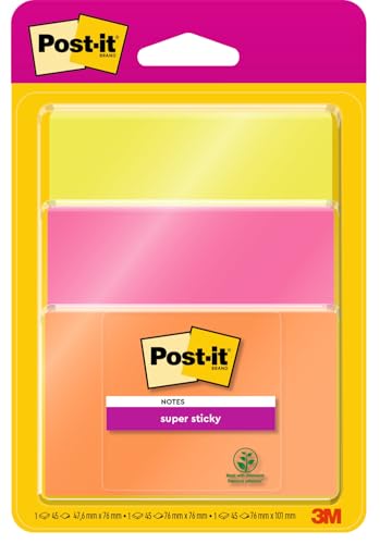 Post-it Super Sticky Notes, Verschiedene Farben und Größen, 3 Blöcke, 76 mm x 76 mm, 45 Blatt pro Block - Extra-stark klebende Notizzettel für Notizen, To-Do-Listen und Erinnerungen von Post-it
