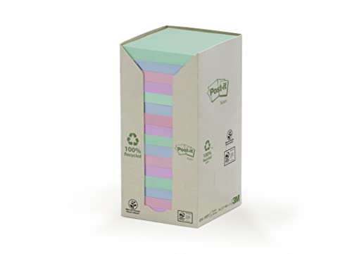 Post-it 654-1RPT Haftnotiz Recycling Pastell Rainbow Notes Tower, 76 x 76 mm, 80 g, 100 Blatt, 16 Block von Post-it