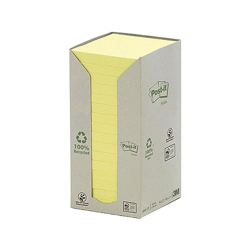 Post-it 654-1T Haftnotiz Recycling Notes Tower, 76 x 76 mm, 80 g, 100 Blatt, 16 Block, gelb von Post-it