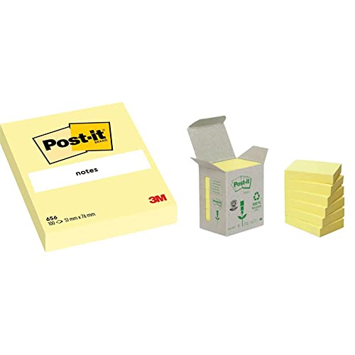 Post-it 656 Notes (51 x 76 mm) 12 Blöcke à 100 Blatt gelb & 6531B Haftnotiz Recycling Notes Mini Tower (38 x 51 mm, 80 g/qm) 100 Blatt 6 Block gelb von Post-it