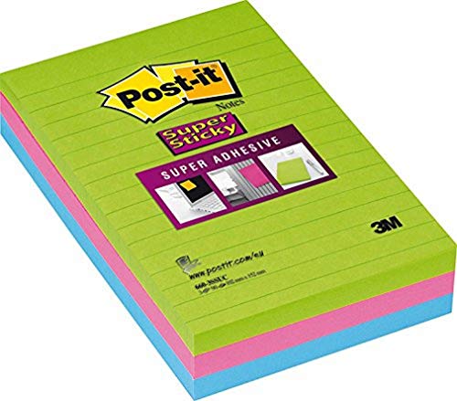 Post-it 6603SSU Haftnotiz Super Sticky Ultra Notes, 101 x 152 mm, liniert, neongrün, ultrapink, -blau, 3 Blöcke à 90 Blatt von Post-it
