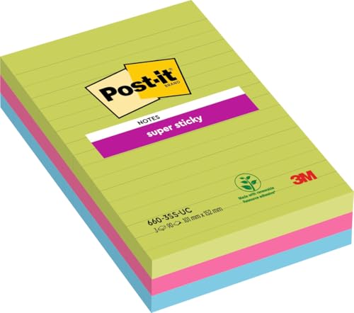 Post-it Super Sticky Notes im Großformat XXL, Liniert, 3 Blöcke, 101 mm x 152 mm, 90 Blatt pro Block - Extra-stark klebende Notizzettel für To-Do-Listen und Erinnerungen von Post-it