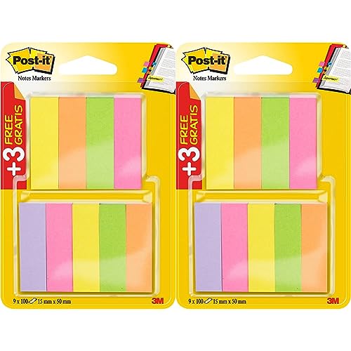 Post-it 670-6+3 Haftstreifen Page Marker (schmal, 15 x 50 mm) 9 x 100 Blatt, neonpink/-grün/-gelb/-orange/-violett (Packung mit 2) von Post-it