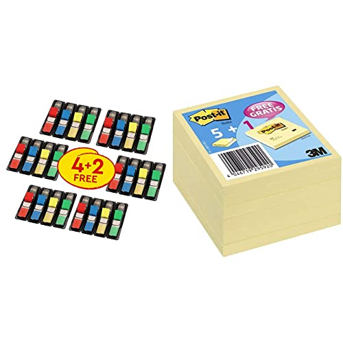 Post-it 683-4+2 Index Mini Promotion, rot, blau, gelb, grün & Kanariengelb, Vorteilspackung, Packung mit 5 Blöcken + 1 Gratisblock, 100 Blatt pro Block, 76 mm x 76 mm, Farbe: Gelb von Post-it