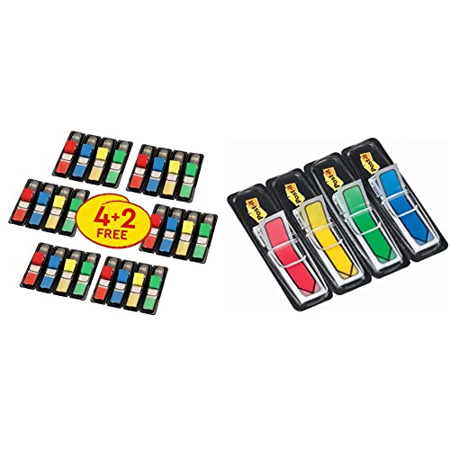Post-it 683-4+2 Index Mini Promotion (11,9 x 43,2 mm, 24 x 35 Haftstreifen) rot, blau, gelb, grün & 684ARR3 Index Pfeile, 4 x 24 Haftstreifen im Spender, 11,9 x 43,2 mm, rot, gelb, grün, blau von Post-it