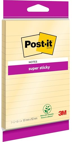 Post-it Super Sticky Notes im Großformat XXL, Gelb, Liniert, 102 mm x 152 mm, 45 Blatt - Selbstklebende Notizzettel für Notizen, To-Do-Listen und Erinnerungen von Post-it