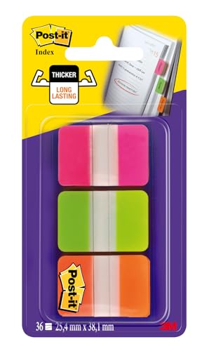 Post-it Haftstreifen Index Strong - 36 Haftstreifen 25,4 mm x 38,1 mm - Farben: Orange, Pink, Grün - Zum Markieren, Hervorheben oder Farbcodieren wichtiger Informationen von Post-it