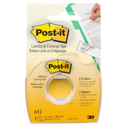 Post-it Abdeck- und Beschriftungsband, Weiß - 1 Rolle im Handabroller (8,42 mm x 17,7 m) - Zum Beschriften, Abdecken oder Korrigieren von Post-it
