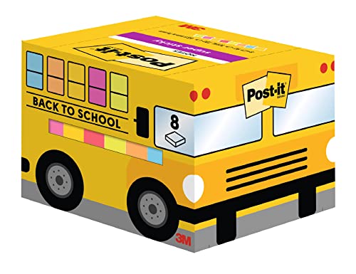 Post-it Back to School Bus mit Super Sticky Notes, Großpackung zum Schulanfang, 8 Blöcke, 90 Blatt pro Block, 63,5 mm x 76 mm-Haftnotizen in verschiedenen Farben, Schulgeschenke, für Schüler & Lehrer von Post-it