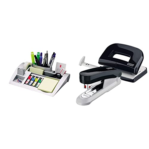 Post-it Desk Organizer, Silber & Novus Schreibtisch Set (Heftgerät E 15 mit Locher E 210, inkl. 1000 Heftklammern No. 10) schwarz von Post-it