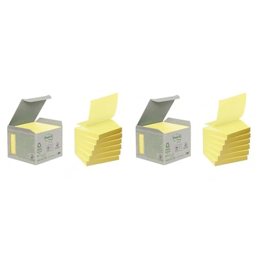 Post-it Haftnotiz Recycling Z-Notes Mini Tower, 76 x 76 mm, 100 Blatt, 6 Block, Pastellgelb - in Weiteren Farben Verfügbar - Selbstklebende Notizzettel aus 100% Recyclingpapier (Packung mit 2) von Post-it