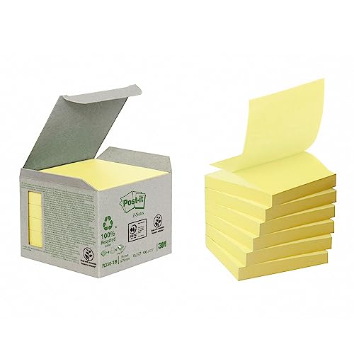 Post-it Haftnotiz Recycling Z-Notes Mini Tower, 76 x 76 mm, 100 Blatt, 6 Block, Pastellgelb - in Weiteren Farben Verfügbar - Selbstklebende Notizzettel aus 100% Recyclingpapier von Post-it