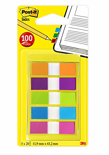 Post-it Haftstreifen Index Mini 683-5CB2 – Farbige Haftnotizen im extra kleinen Format 11,9 x 43,2 mm – 5 Haftstreifen Blöcke à 20 Blatt in 5 Farben im praktischen Etui von Post-it