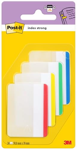 Post-it Index Strong Ablagetabs, Groß - 24 Haftstreifen 50.8 mm x 38.1 mm - Farben: Blau, Gelb, Grün, Rot- Extrastarke Haftstreifen für Dokumente und Informationen von Post-it