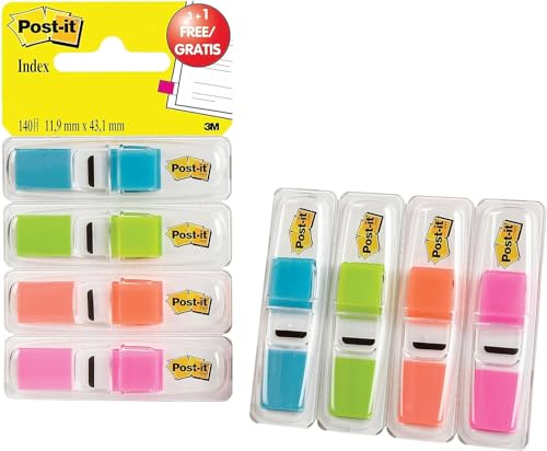 Post-it Index Mini, 11,9 x 43,2 mm, 3 x 35 Haftstreifen im Spender, Farbe: Limonengrün, Orange, Pink, Türkis - Zum Hervorheben wichtiger Informationen von Post-it